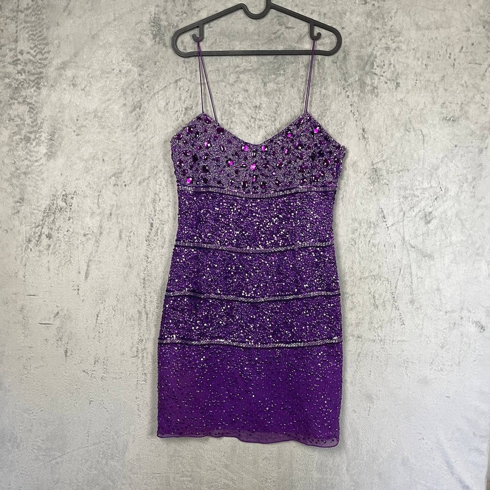 Aidan Mattox Purple Silk Beaded Sequin Spaghetti Strap Cocktail Dress Size 10